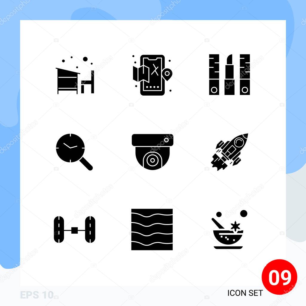 Universal Icon Symbols Group of 9 Modern Solid Glyphs of clock, research, map, search, lipstick Editable Vector Design Elements