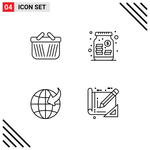 Line Pack Universal Symbols Basket Globe Shopping Venture Tools Editable — Stock Vector