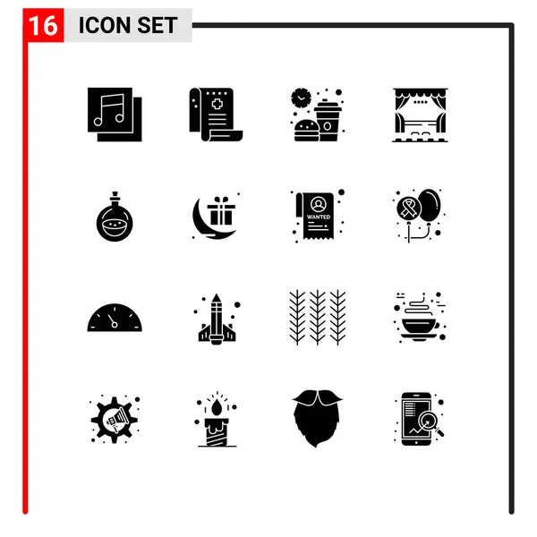 Pictogram 16のシンプルなソリッドグリフのエンターテイメント ステージ 食事のセット編集可能なベクトルデザイン要素 — ストックベクタ