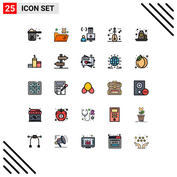 Modern Set of 25 Filled line Flat Colors Pictograph of loan, music, skull, guitar, development Editable Vector Design Elements