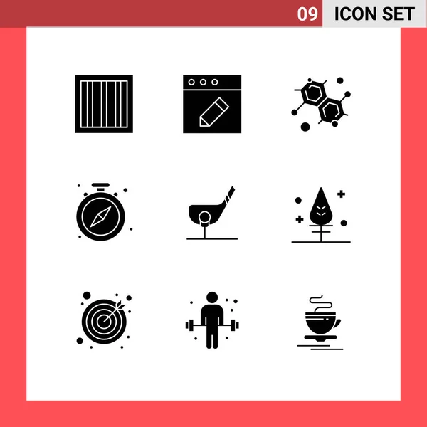 Set Vector Solid Glyphs Grid Shot Klub Tudomány Labda Idő — Stock Vector