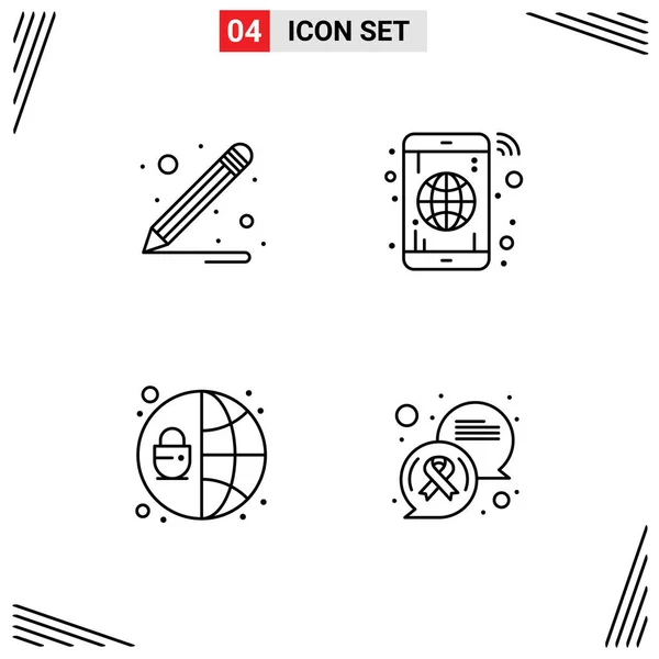 Mobile Interface Line Set Pictograms Pencil Chat Globe Network Message — Vector de stock