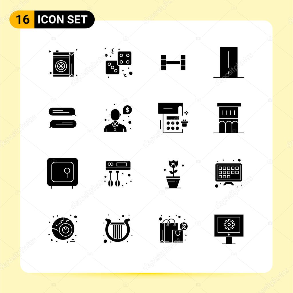 Set of 16 Commercial Solid Glyphs pack for messaging, light mete, play, gadget, device Editable Vector Design Elements