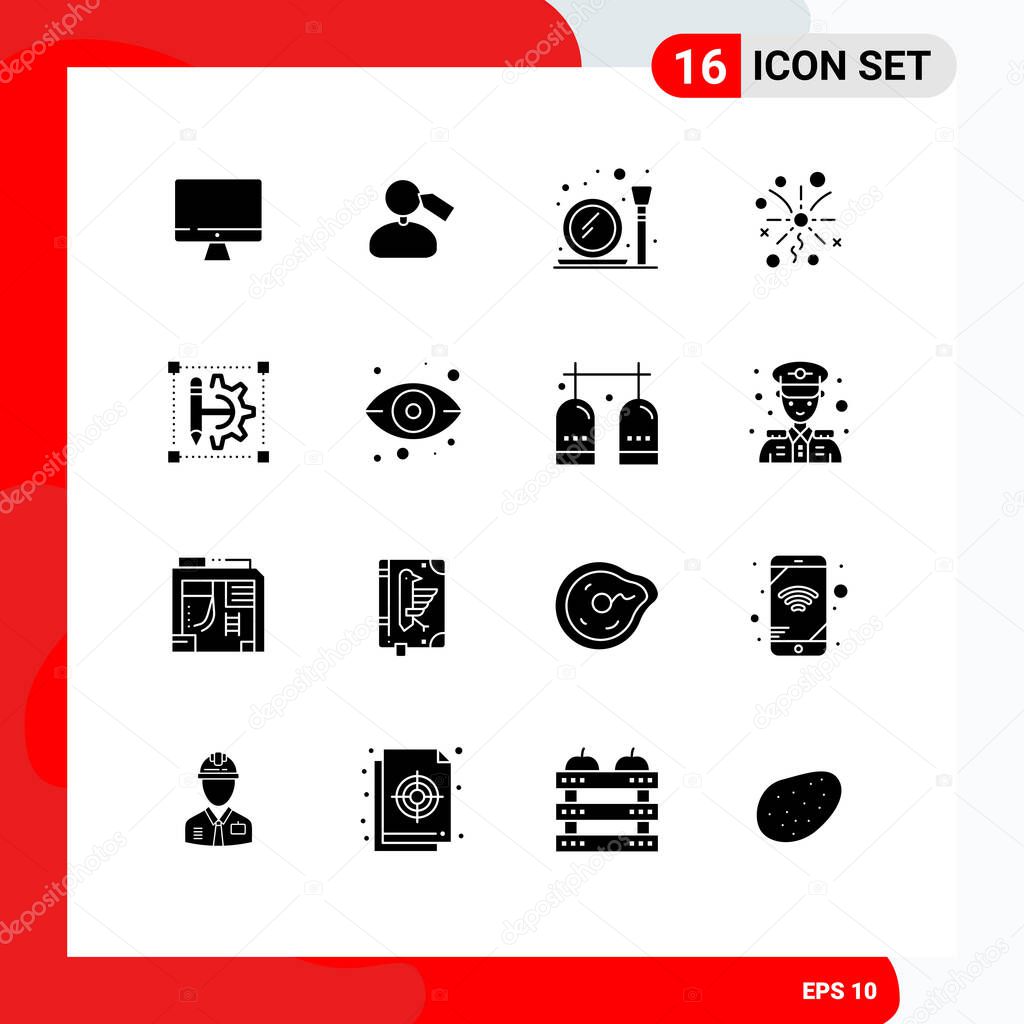 Pack of 16 Modern Solid Glyphs Signs and Symbols for Web Print Media such as cog wheel, pencil, glass, celebration, fireworks Editable Vector Design Elements