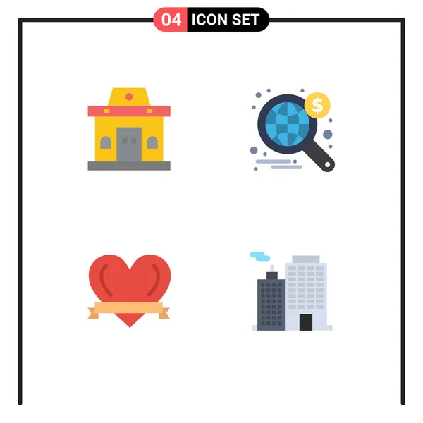 Flat Icon Confezione Simboli Universali Costruzione Amore Urbano Ampio Edificio — Vettoriale Stock