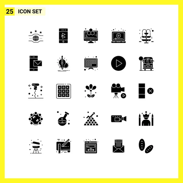 25组实体字形符号和符号 用于视频 笔记本电脑 研究可编辑向量设计元素 — 图库矢量图片