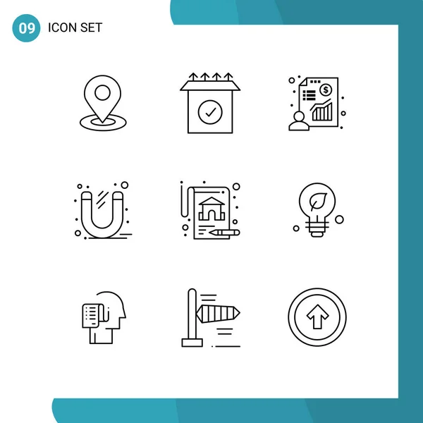 Set Modern Icons Symbols Signs Property Tool Businessman Power Magnet — Stock Vector