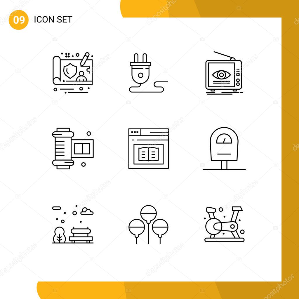 9 Universal Outlines Set for Web and Mobile Applications e, book, broadcast, camera roll film, ancient camera roll Editable Vector Design Elements
