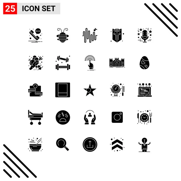 Set Commercial Solid Glyphs Pack Star Web Music Shield Network — Archivo Imágenes Vectoriales