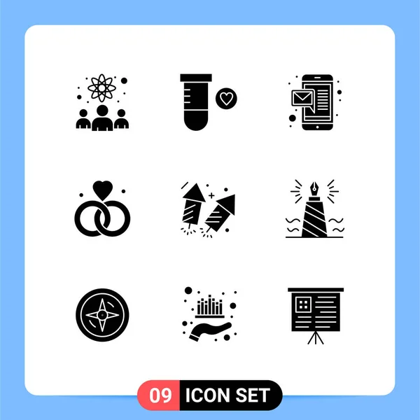 Pictogram Set Simple Solid Glyphs Fire Love Massage Firework Editable — Stock Vector