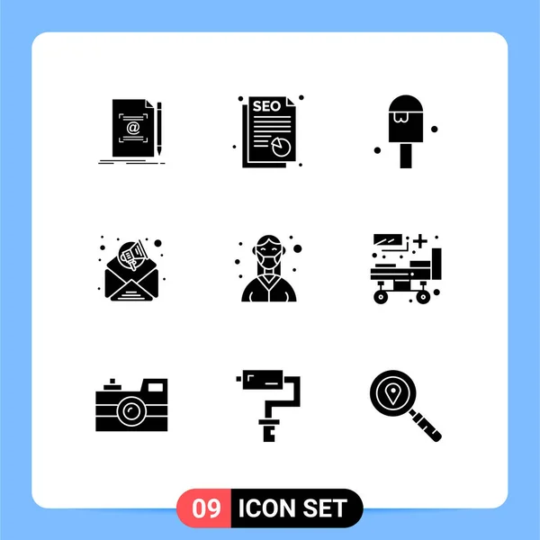 2017 Mobile Interface Solid Glyph Set Pictograms Mask Doctor Beach — 스톡 벡터