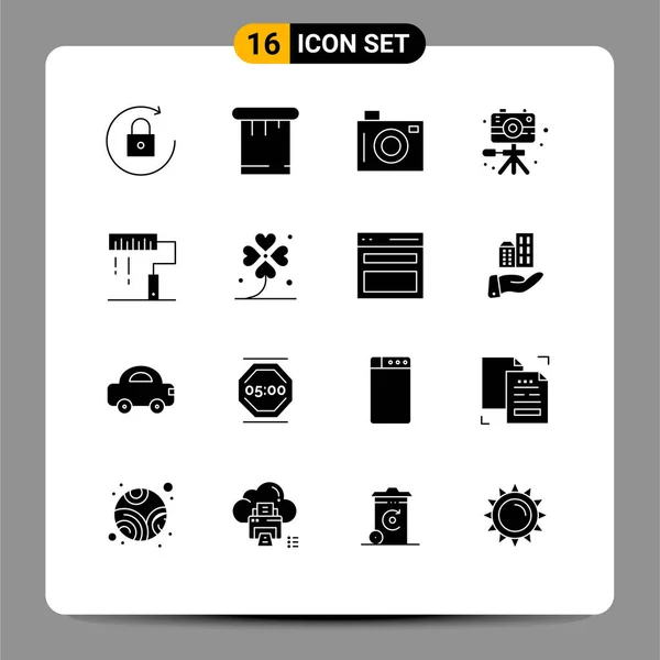モダンな16枚のソリッドグリフのセット デザイン ピクニック コーディング 趣味の写真編集可能なベクトルデザイン要素 — ストックベクタ