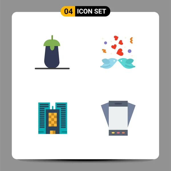 Set Commercial Flat Icons Csomag Brinjal Épület Élelmiszer Pár Iroda — Stock Vector