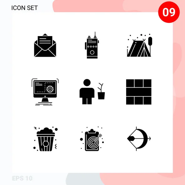 Set Vector Solid Glyphs Grid Avatar Process Camping Function Command — Vector de stock