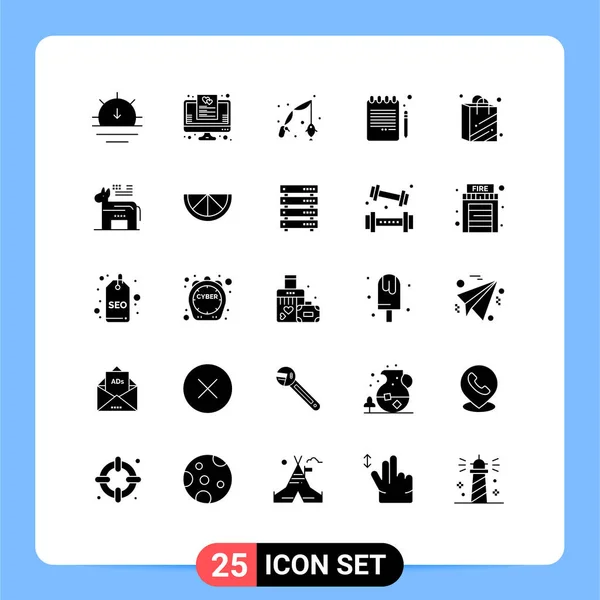 Pictogram Set Van Eenvoudige Solid Glyphs Van Boodschappentas Notitieboekje Vis — Stockvector