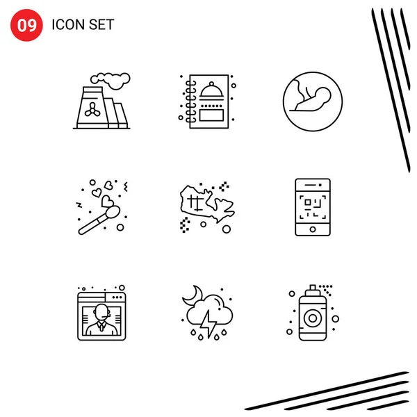 Stock Vector Icon Pack Line Signs Symbols Location Valentine Fire — Stock Vector