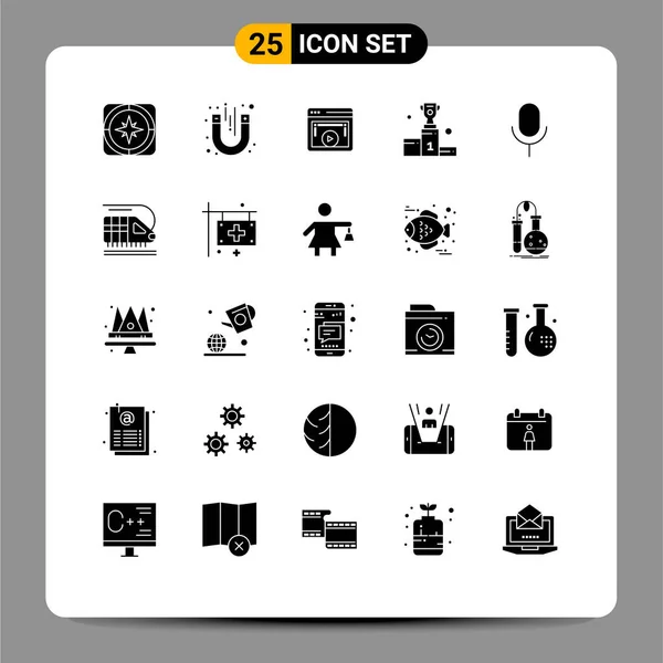 25個の固体グリフのグループメダル カップ ビデオ編集可能なベクトルデザイン要素のための記号と記号 — ストックベクタ