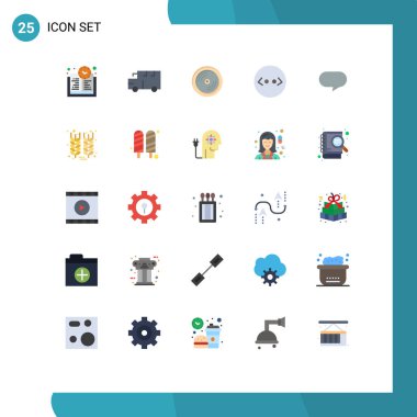 Şişe, sohbet, dvd, twitter, kod Düzenlenebilir Vektör Tasarım Elemanları gibi Web Yazdırma Ortamı için 25 Modern Düz Renk İşareti ve Sembolü Paketi