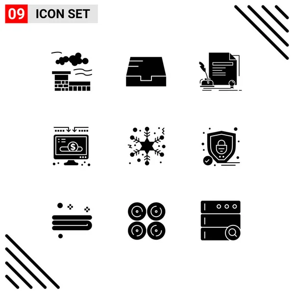 Modern Set Solid Glyphs Pictograph Winter Flake Document Donate Donation — Stock Vector