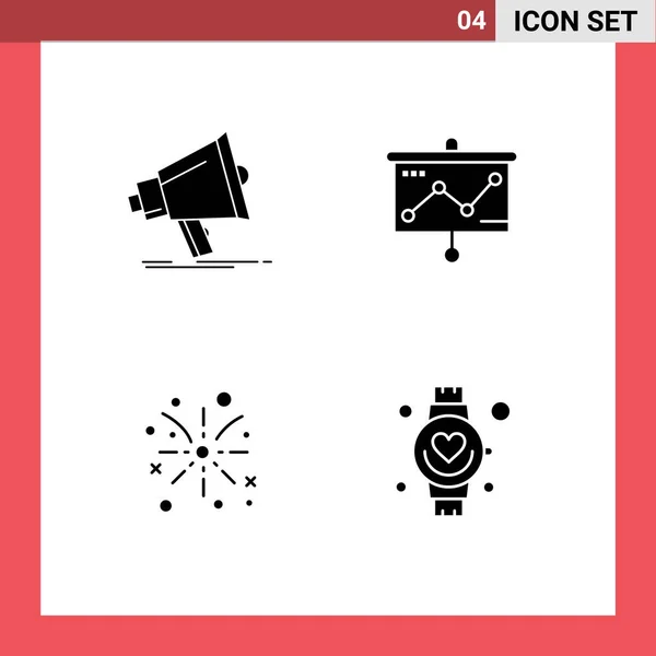 Modern Set Solid Glyphs Symbols Bullhorn Fire Work Media Presentation — Stock Vector