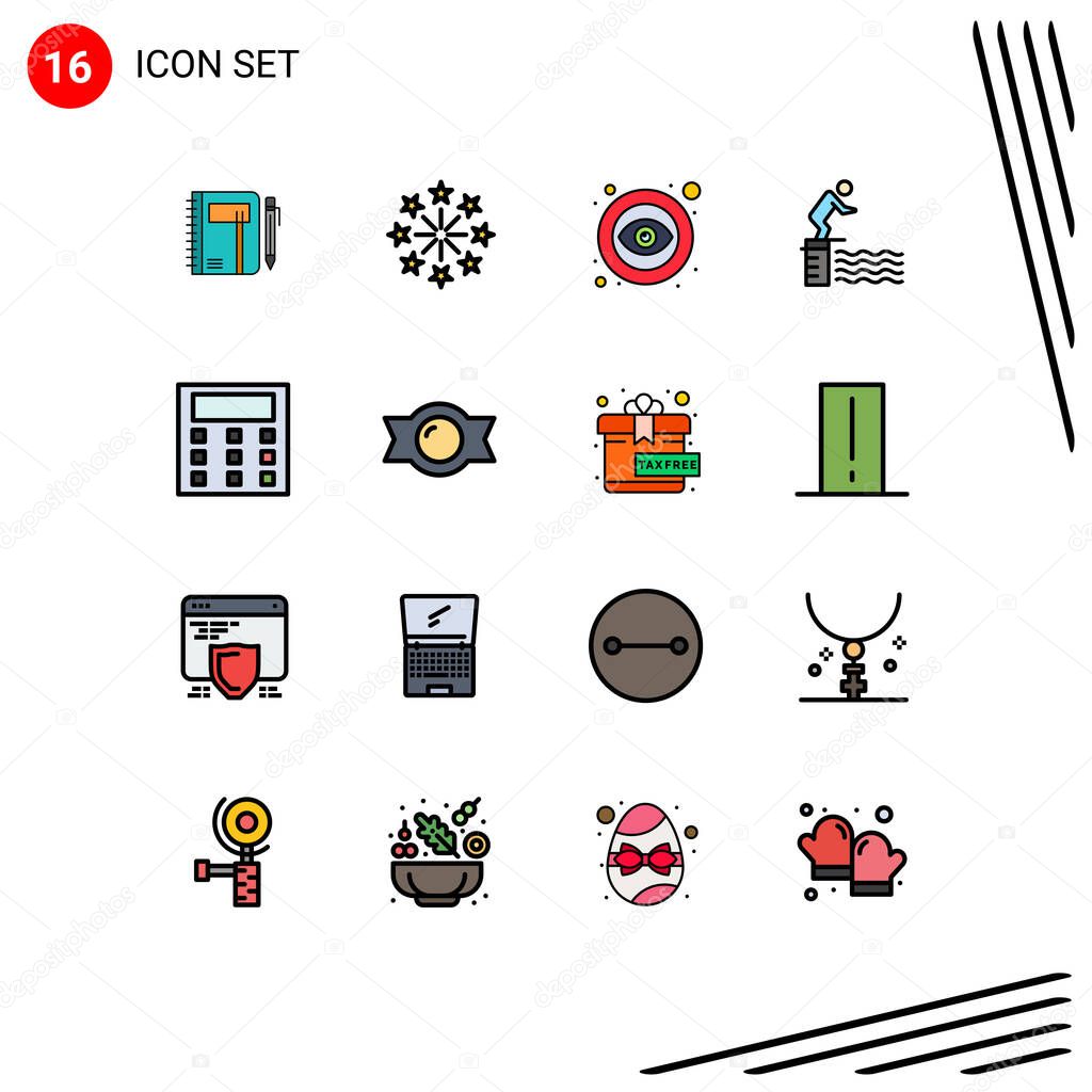 Group of 16 Flat Color Filled Lines Signs and Symbols for platform, diving, firework, visible, open Editable Creative Vector Design Elements