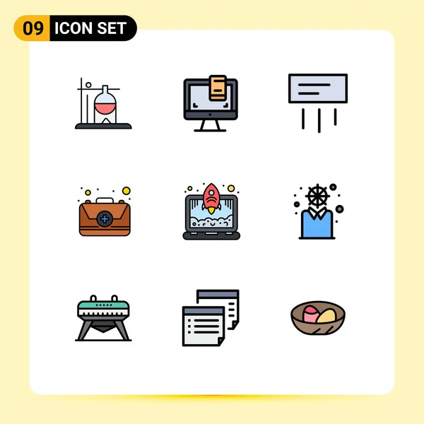 Conjunto Icones Modernos Símbolos Sinais Para Foguete Kit Primeiros Socorros — Vetor de Stock