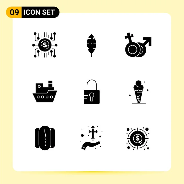 Set Modern Icons Sysymbols Signs Unlock Steamship Gender Steamboat Female — Archivo Imágenes Vectoriales