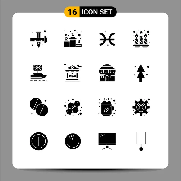 16ユーザーインターフェイス現代的な記号と英国 トレイ 占星術 キャンドルのシンボルの固体グリフパック編集可能なベクトルデザイン要素 — ストックベクタ