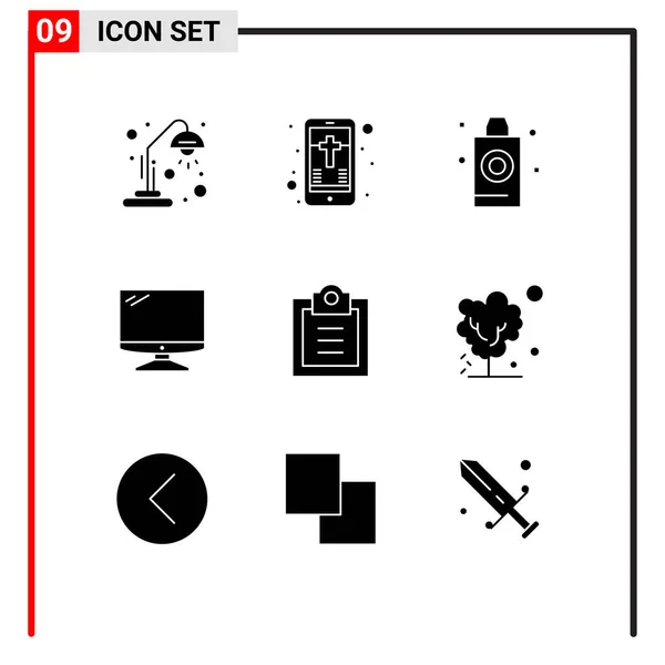 Set Commercial Solid Glyphs Pack Checklist Imac Sampon Eszköz Számítógép — Stock Vector