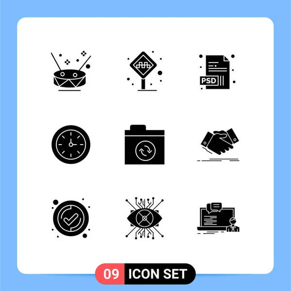 Group Modern Solid Glyphs Set Sync Files Taxi Stand Time — Stock Vector