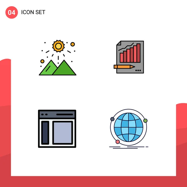 Webおよびモバイルアプリケーション用に設定された4つのユニバーサルファイルラインフラットカラー日の出 グラフ 通信編集可能なベクトル設計要素 — ストックベクタ