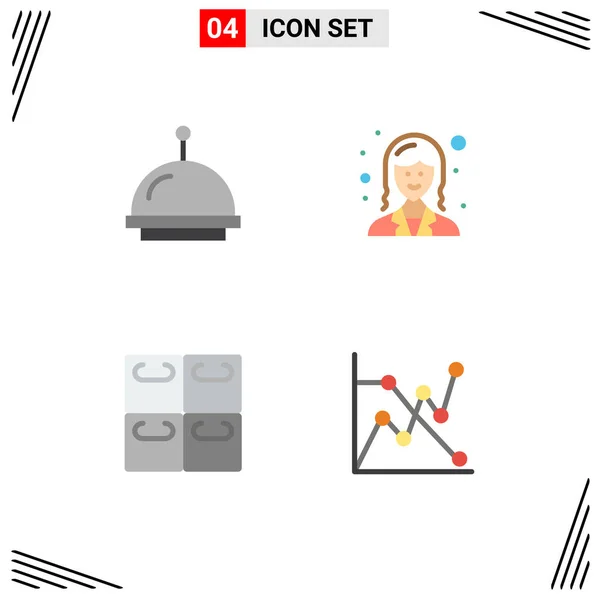 Set Commercial Flat Icons Pack Alarm Sushi Business Lady Chart — Vector de stock