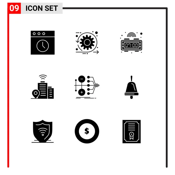 ユニバーサルアイコンシンボル9のグループの転送 アラーム 収益化 Wifi編集可能なベクトルデザイン要素の現代的なソリッドグリフ — ストックベクタ