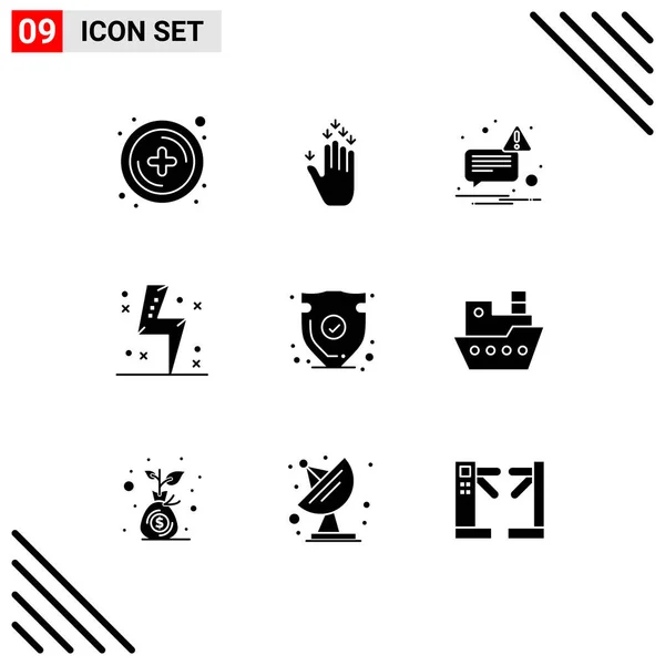 Modern Set Solid Glyphs Pictograph Protect Security Power Electricity Editable — Stock Vector