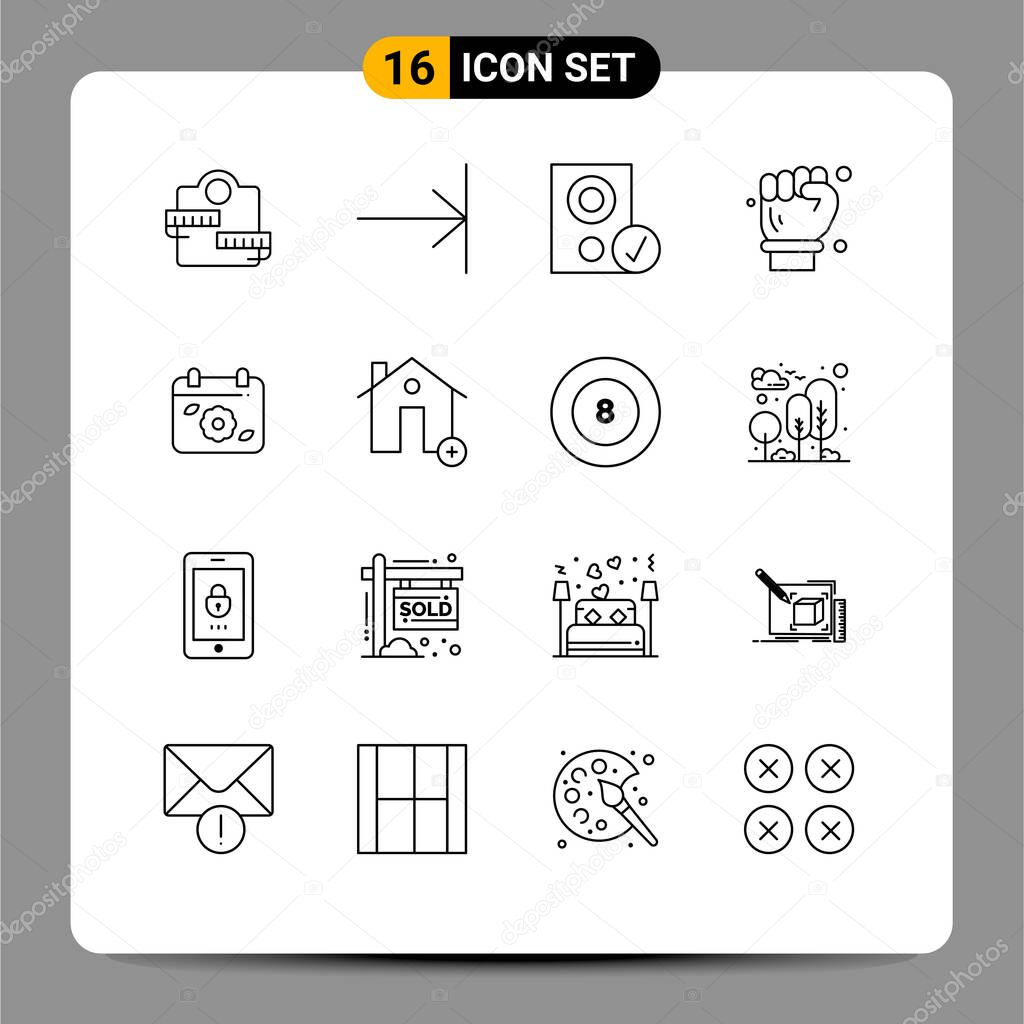 Group of 16 Outlines Signs and Symbols for flower, spanner, devices, engineer, labour hand Editable Vector Design Elements