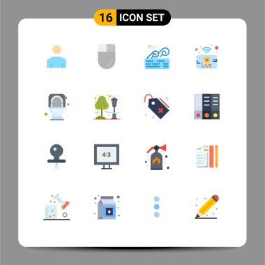 Klozet, haber, su, canlı, utube Düzenlenebilir Yaratıcı Vektör Tasarım Elemanlarının 16 Modern Düz Rengi Evrensel Simge Grubu