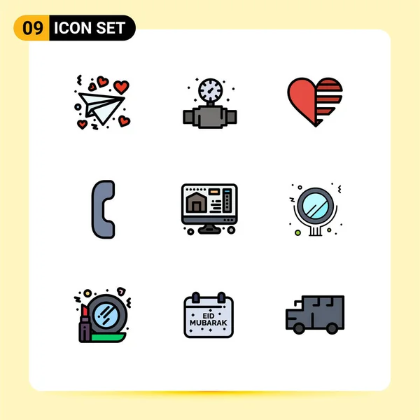 Filledlineフラットカラーパックの9ユニバーサルシンボルの家庭 コンピュータ 答え編集可能なベクトルデザイン要素 — ストックベクタ
