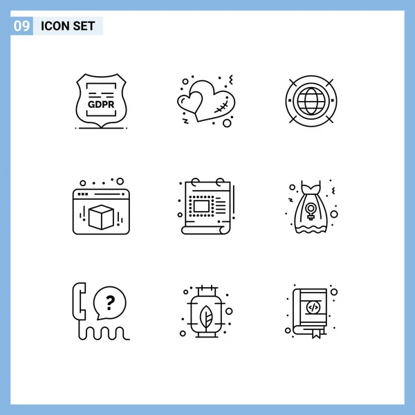 Modern Set Outlines Pictograph Design Web Romance Cube Computer Editable — Archivo Imágenes Vectoriales