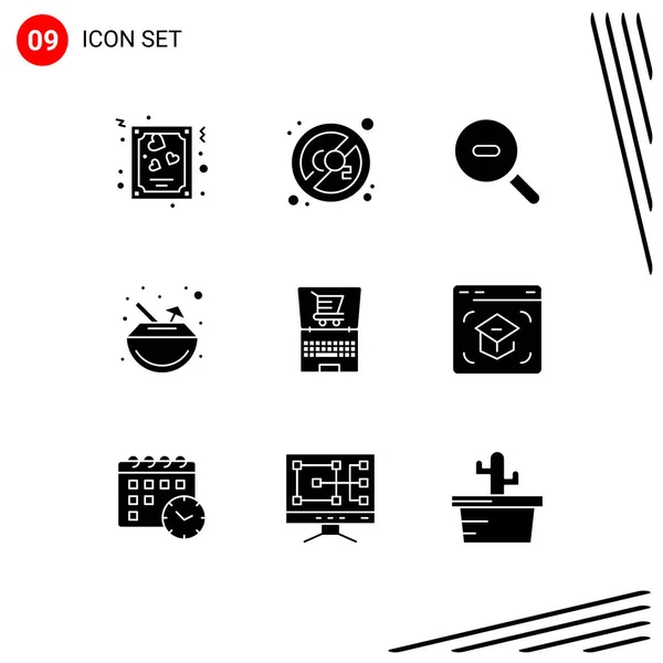 Modern Set Solid Glyphs Symbols Ecommerce Online Search Coconut Carnival — Vector de stock