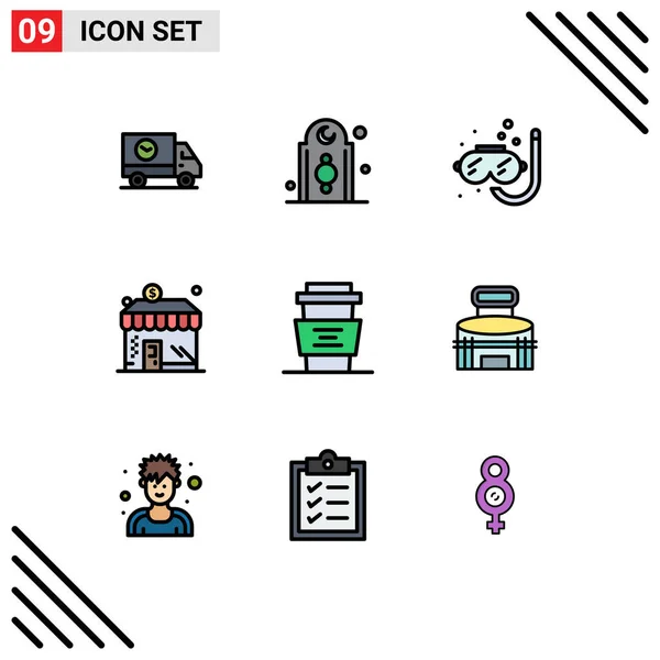 Pictogram Set Simple Filledline Flat Színek Pénz Bolt Torony Üzlet — Stock Vector