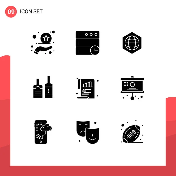 Set Modern Icons Sysymbols Signs Paper Chart Globe Bar Bottl — Vector de stock