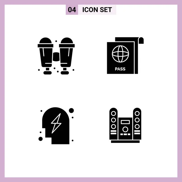 Modern Set Solid Glyphs Symbols Binoculars Power Document Head Concert — Stock Vector