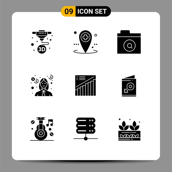 Set Commercial Solid Glyphs Pack Graph Teacher Search Money Education — Stock Vector