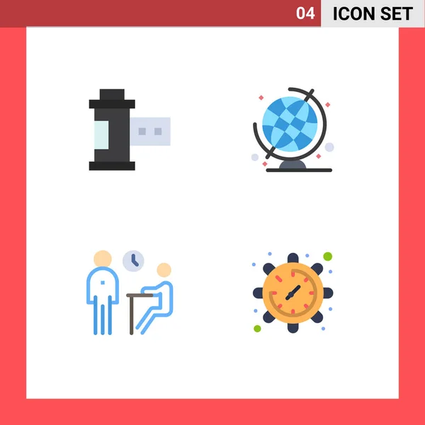 Set Commercial Flat Icons Pack Camera Meeting Roll Globe Questionnaire — Vector de stock