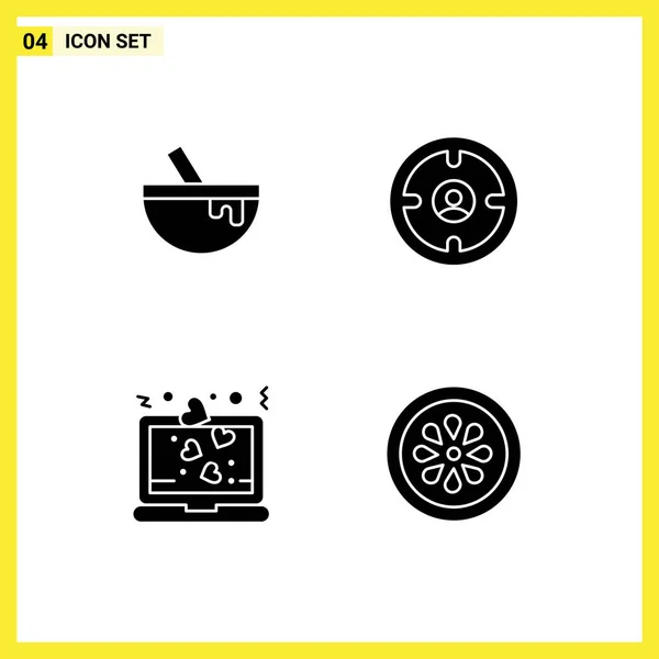 Set Von Kommerziellen Soliden Glyphen Packung Für Schüssel Herz Essen — Stockvektor