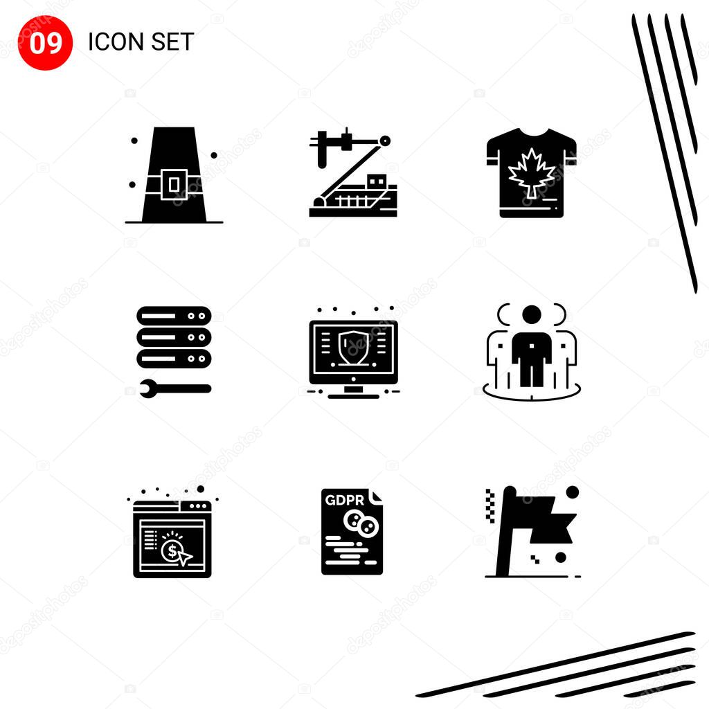 Set of 9 Vector Solid Glyphs on Grid for wrench, server, medical, maple, canada Editable Vector Design Elements