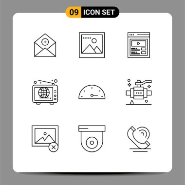 Ölçü, dünya, fotoğraf, geniş, web düzenlenebilir vektör tasarım elementlerinin 9 Modern Tasarım Grubundan oluşan Evrensel Simge Sembolleri Grubu