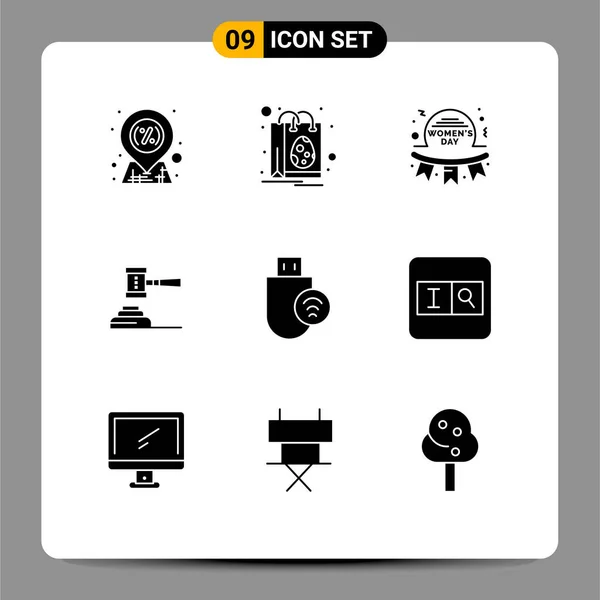 Set Commercial Solid Glyphs Pack Gavel Auction Day Action Badge — Stock Vector