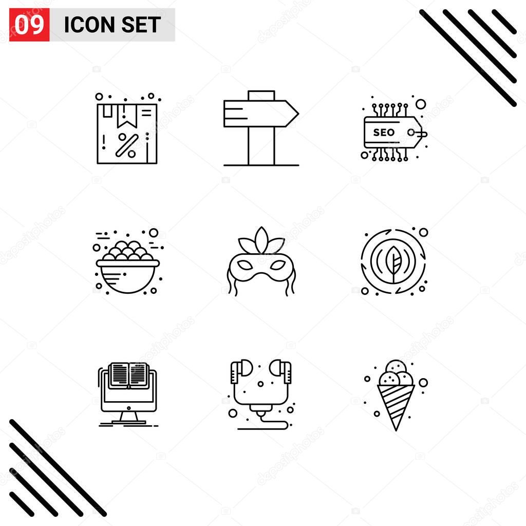Set of 9 Modern UI Icons Symbols Signs for venetian, mask, seo, food, porridge Editable Vector Design Elements