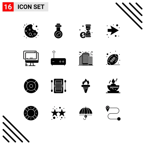 16ユーザーインターフェイス現代的な記号とハブ Imac デバイス コンピュータのシンボルの固体グリフパック編集可能なベクトルデザイン要素 — ストックベクタ